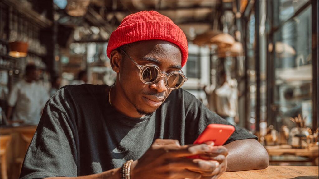 Nigerian Instagram creator checking engagement metrics on phone in Lagos