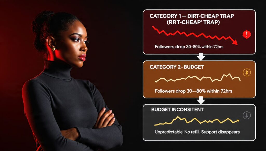 Nigerian woman standing beside a three-category SMM panel comparison infographic on a dark red and gray background showing dirt-cheap trap panels, budget inconsistent panels, and Sizzle Social as the affordable reliable option in Nigeria 2026