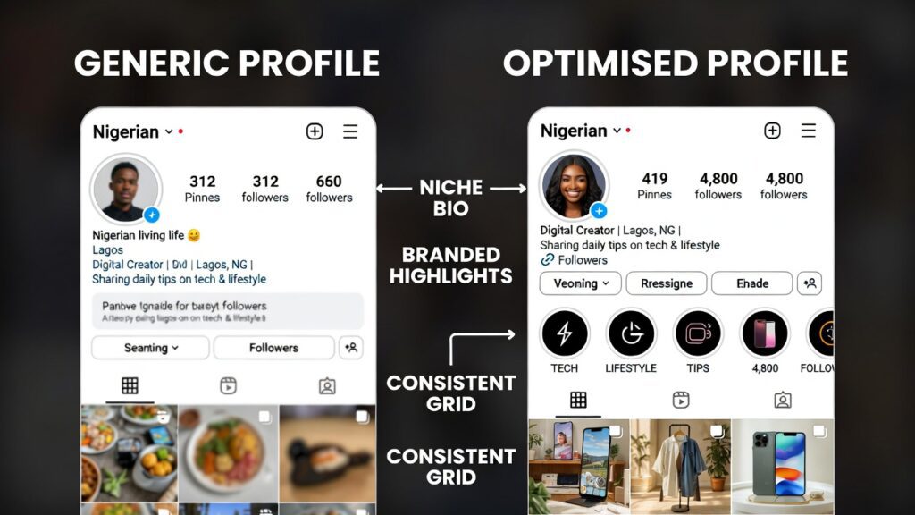 Nigerian Instagram profile optimisation showing bio, highlights, and grid layout for follower conversion