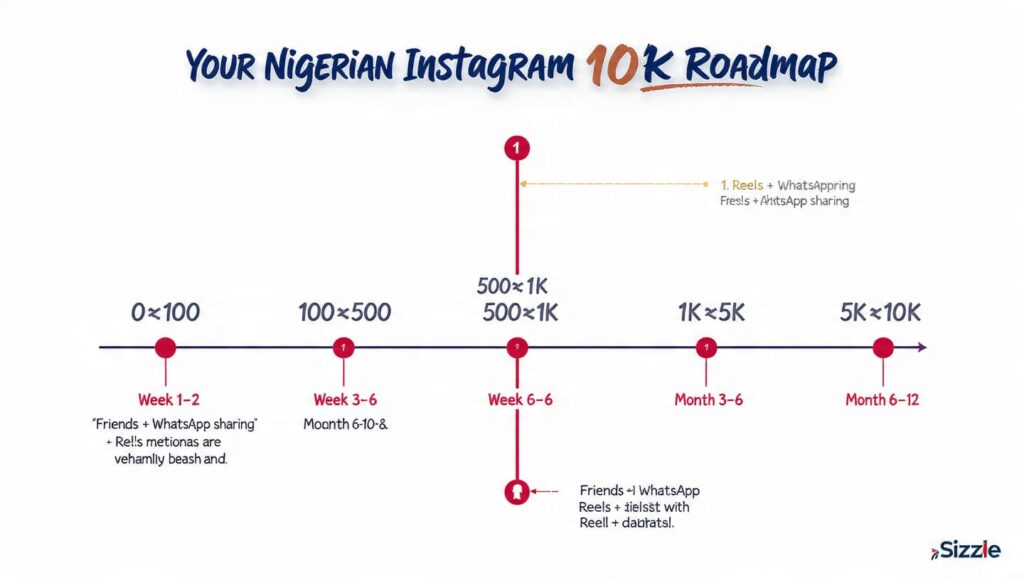 Instagram growth milestone roadmap chart for Nigerian creators showing 0 to 10K follower journey 2026