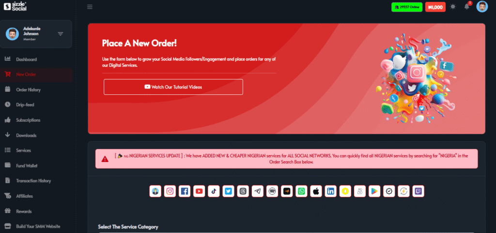 Sizzle Social new order page with social media platform icons and Nigerian services update announcement banner