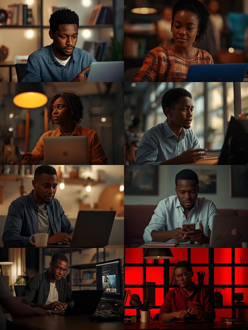Nigerian creators exploring Sizzle Social tutorials on laptop to learn social media growth strategies