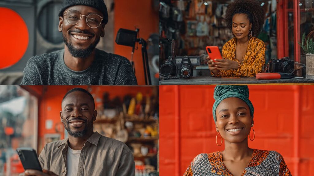Collage of diverse Nigerian users including celebrity, freelancer, civil servant, and small business owner smiling with phones