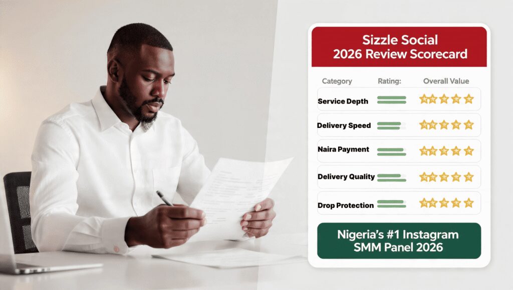 Nigerian man reviewing the SizzleSocial Nigeria 2026 review scorecard showing ten-category star ratings confirming it as Nigeria's best Instagram SMM panel