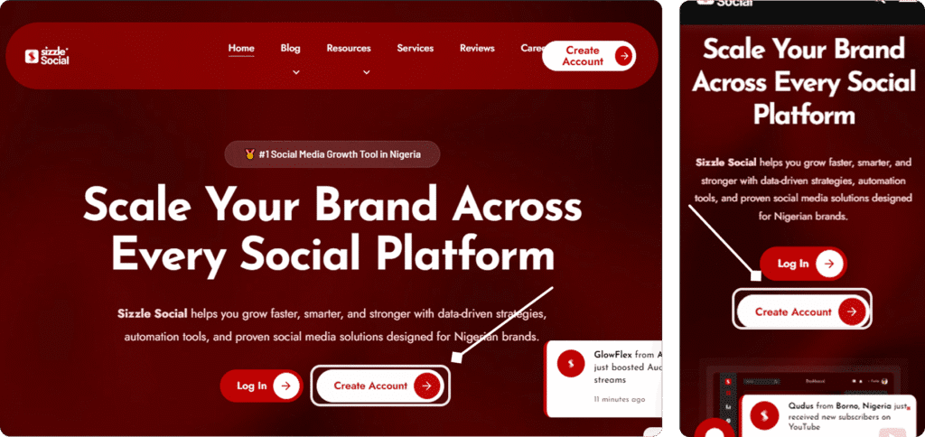 Sizzle Social homepage hero section branding itself as the #1 Social Media Growth Tool in Nigeria with "Log In" and "Create Account" buttons.