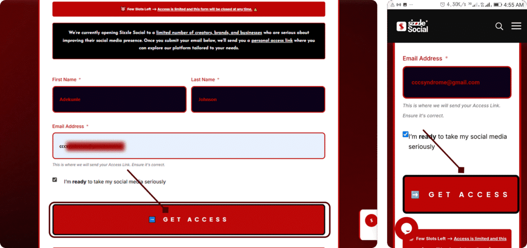 Sizzle Social account creation form requesting First Name, Last Name, and Email Address, with a "GET ACCESS" button.