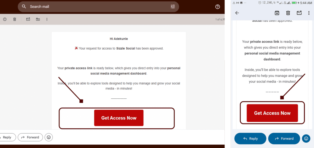 An email inbox displaying a message from Sizzle Social containing a personalized access link to complete registration.