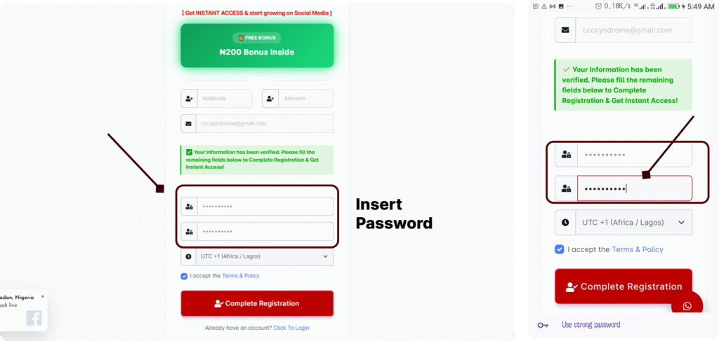 Sizzle Social registration completion screen with a password field and a notification of a N200 free bonus inside.