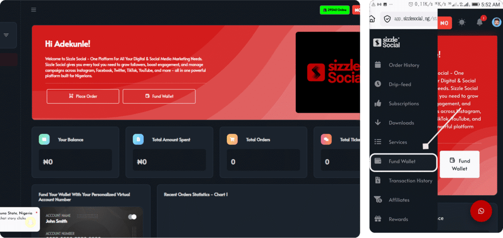 Sizzle Social welcome dashboard for user Adekunle showing a zero balance, place order button, fund wallet option, and sidebar menu.