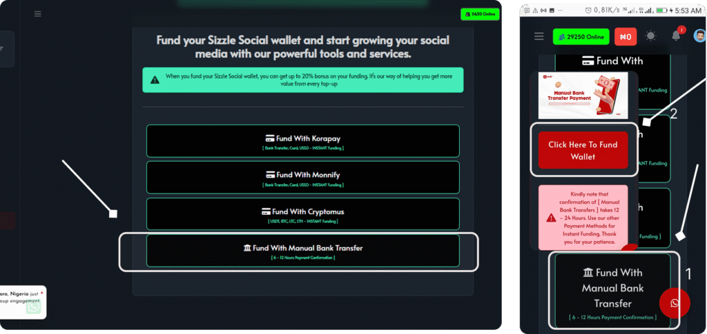 Sizzle Social wallet funding page showing payment options like Korapay, Monify, and Cryptomus with a 20% bonus offer.
