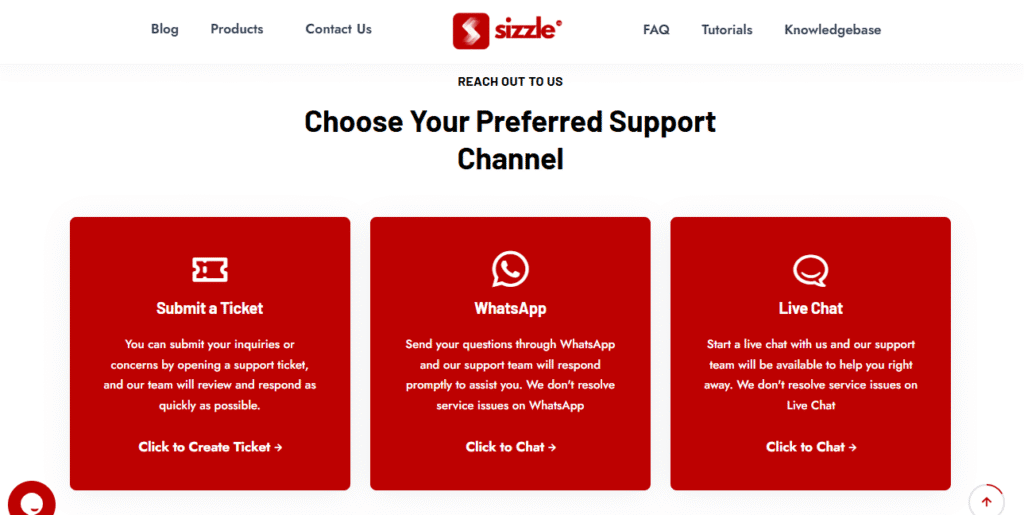 Sizzle Social support page showing three contact options including ticket, WhatsApp, and live chat