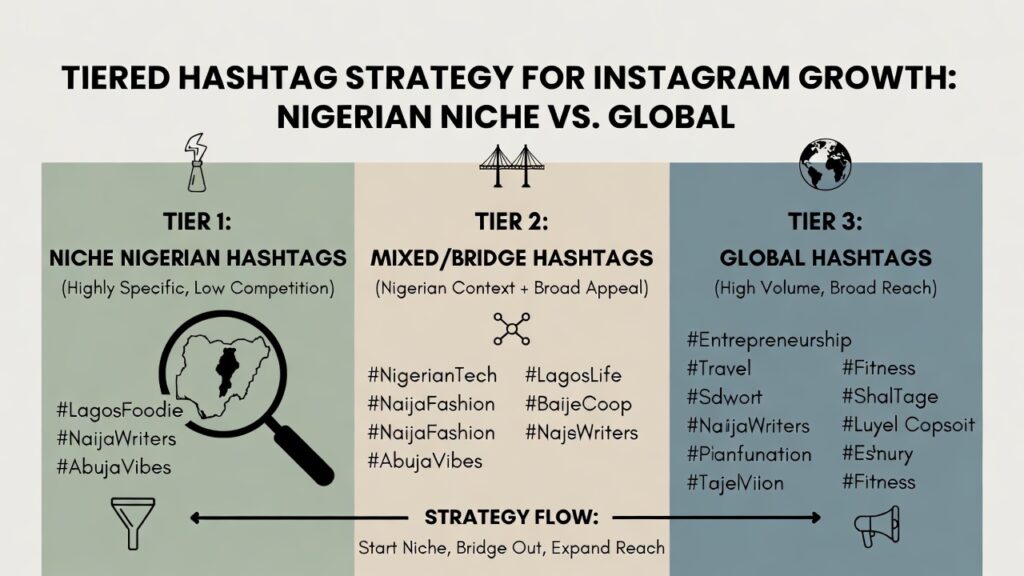 Infographic showing tiered Instagram hashtag strategy using niche Nigerian and global hashtags for growth.