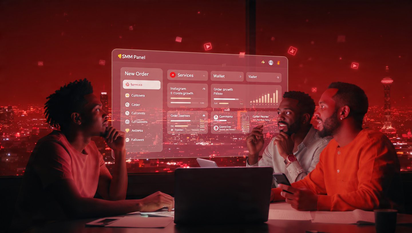Sizzle Social blog banner showing Nigerian men reviewing SMM panel dashboard on red city background