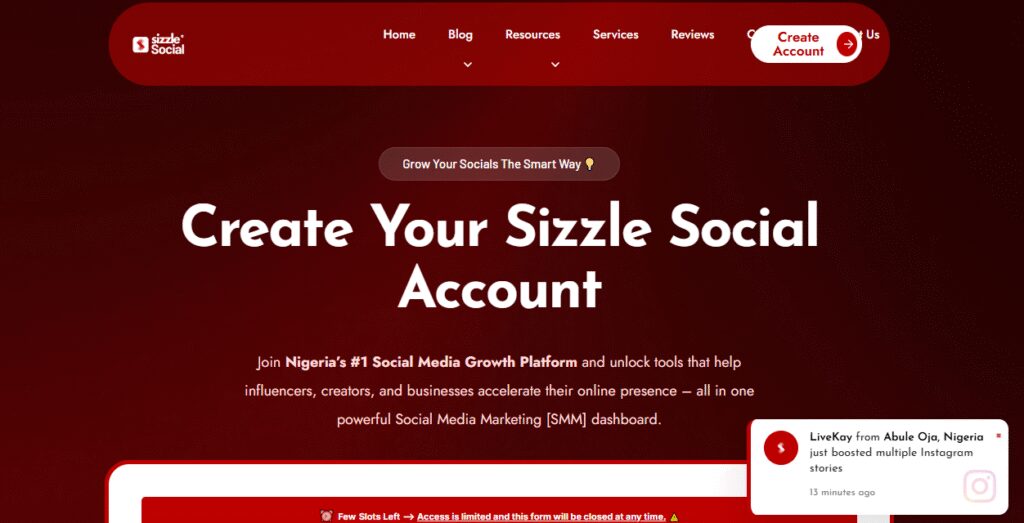 Landing page for a Nigerian social media growth platform called "Sizzle Social" featuring navigation menu, headline, and a user testimonial.
