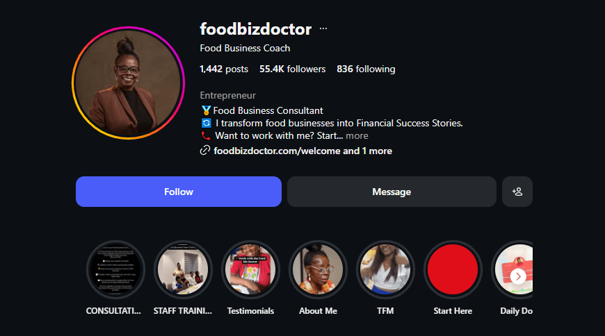 Instagram profile of foodbizdoctor food business coach showing 55.4K followers