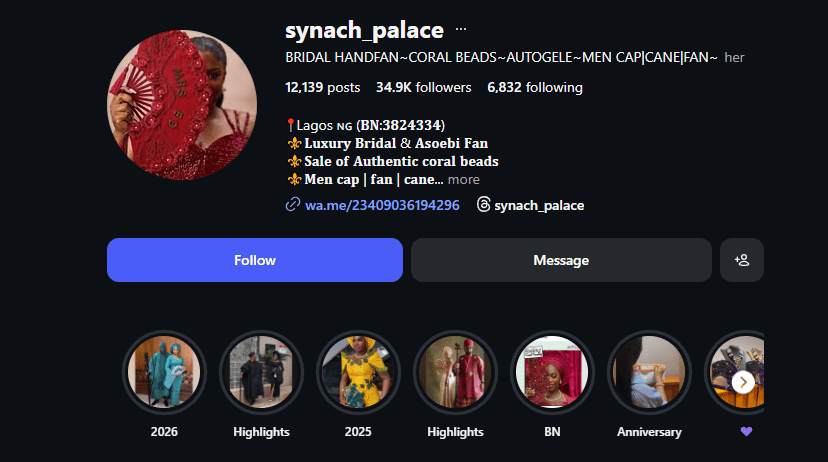 Instagram profile of synach_palace, a luxury bridal store, showcasing their bio, follower count, and story highlights.