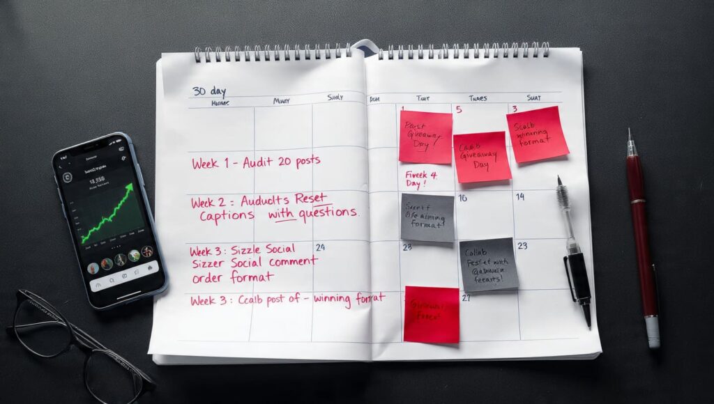 A top-down view of a spiral notebook with a handwritten 30-day calendar, colorful sticky notes, and a smartphone showing a growth graph.