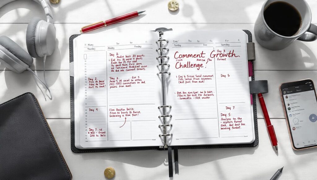 A top-down view of an open physical planner with handwritten growth strategies, headphones, and a cup of coffee.