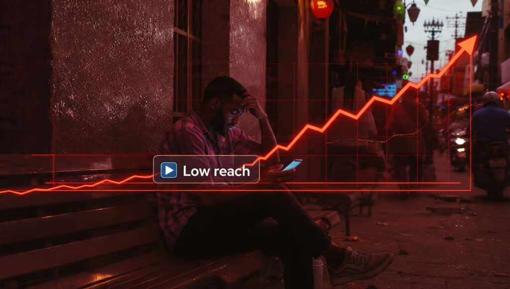 A frustrated creator trying to avoid the pitfall of Instagram growth in Nigeria looking at a "low reach" notification, transitioning into a successful growth chart.