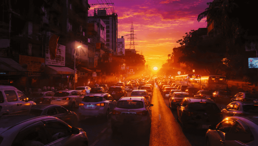 A busy Lagos street scene at sunset with people on their phones during the peak commuting hour.