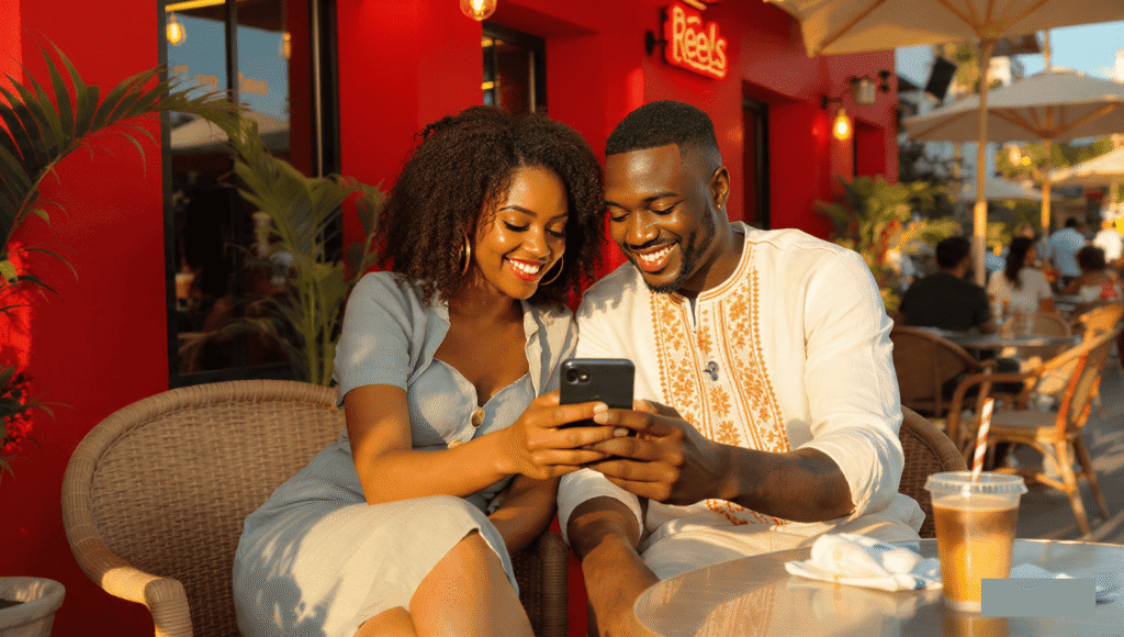 Two Nigerian friends smiling while watching a viral video with high social proof and engagement.
