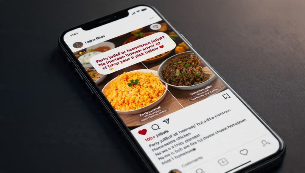 A close-up of a smartphone displaying an Instagram post with a dual-image layout and a prompt asking users to choose between two food items.