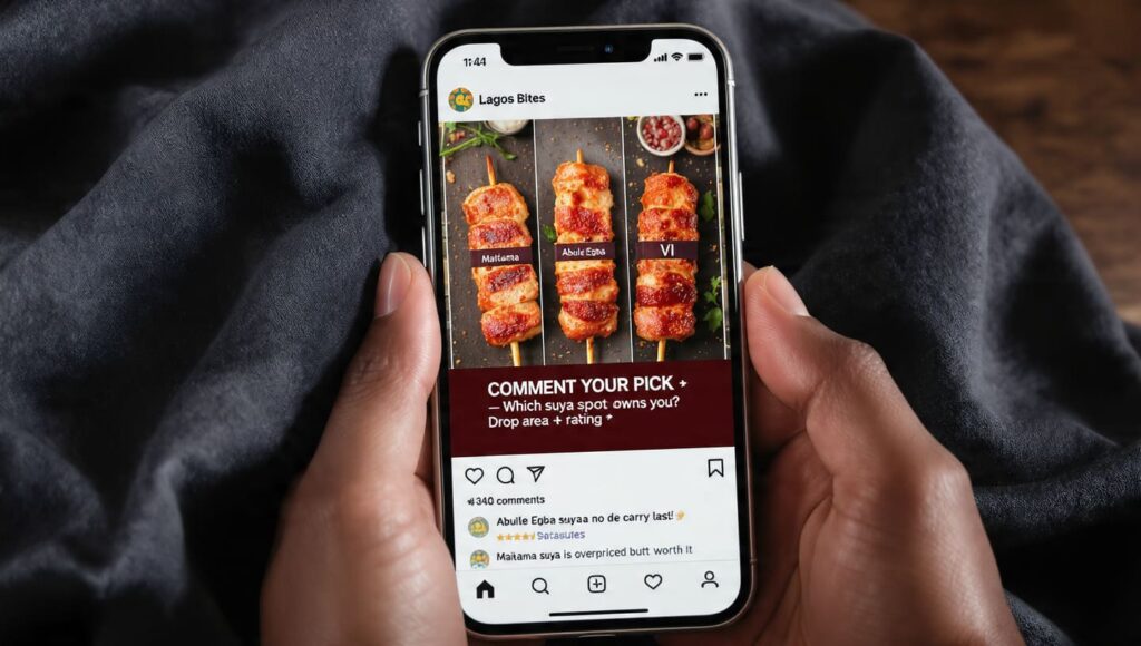 A smartphone displaying an Instagram carousel post from "Lagos Bites" asking users to pick their favorite suya spot.