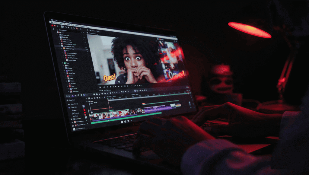 Creator designing click-worthy Reel thumbs on a high-end laptop.