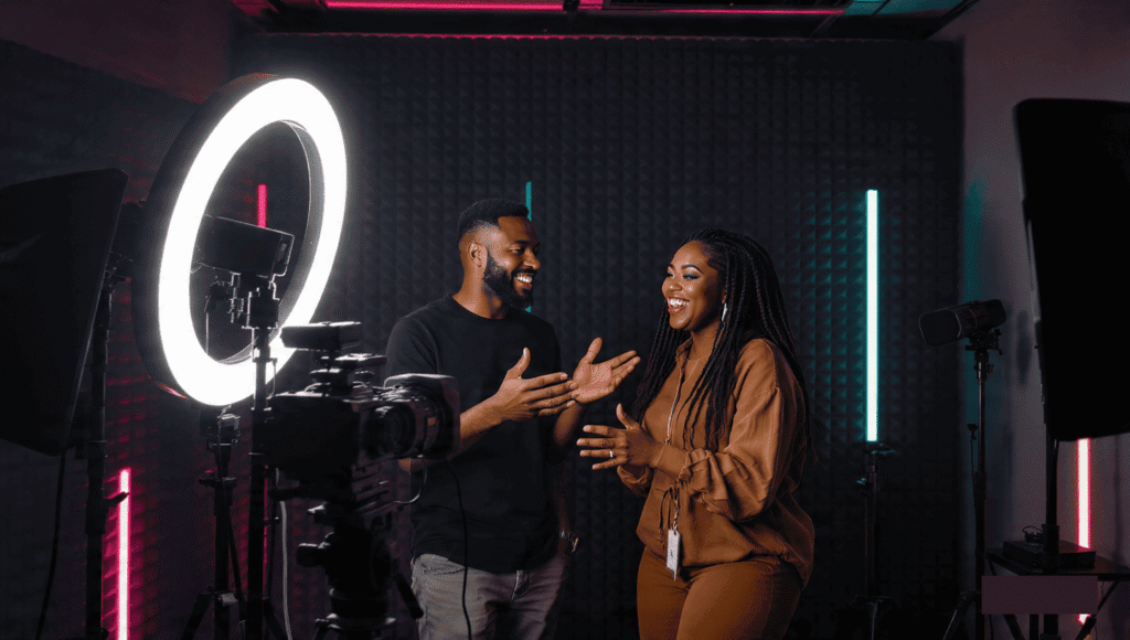 Two Nigerian creators filming a collab Reel together in a modern studio setting with professional gear.
