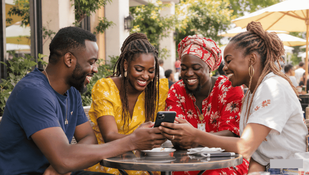 A group of young Nigerians laughing and sharing a relatable Reel on a smartphone at a cafe.