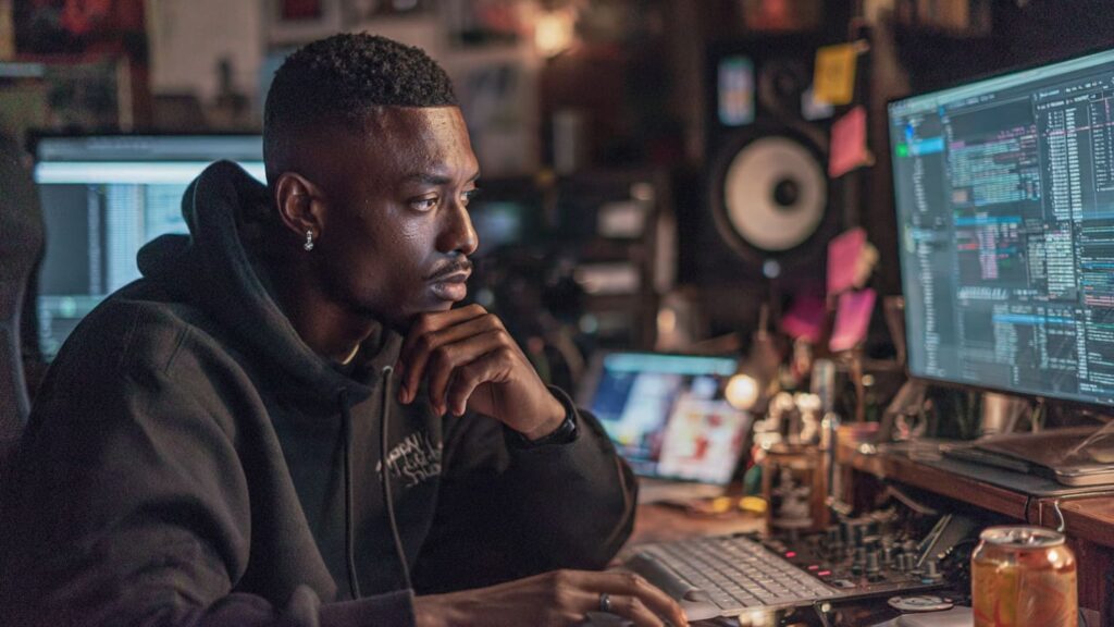 Modern Nigerian creator analyzing Instagram reach metrics and engagement velocity on a laptop.