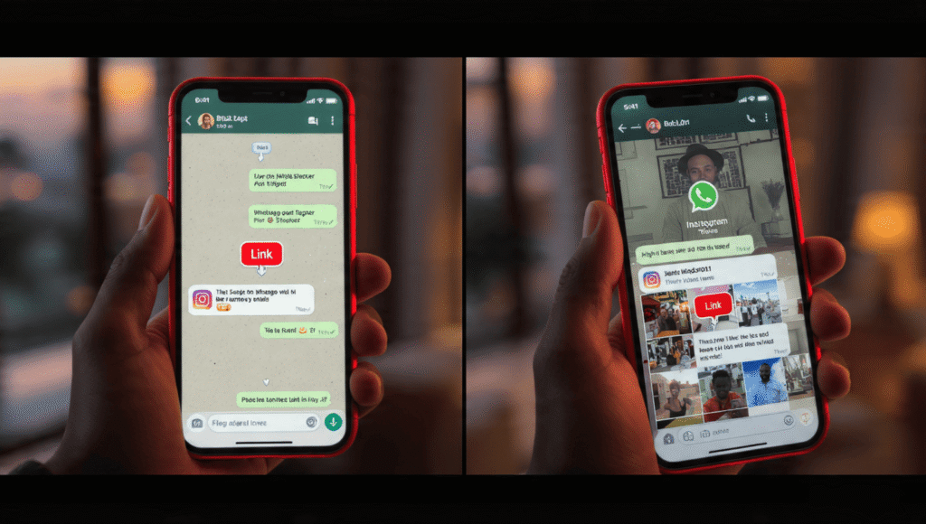 A side-by-side view of a smartphone showing a WhatsApp status teaser linking to Instagram for more Instagram profile views.