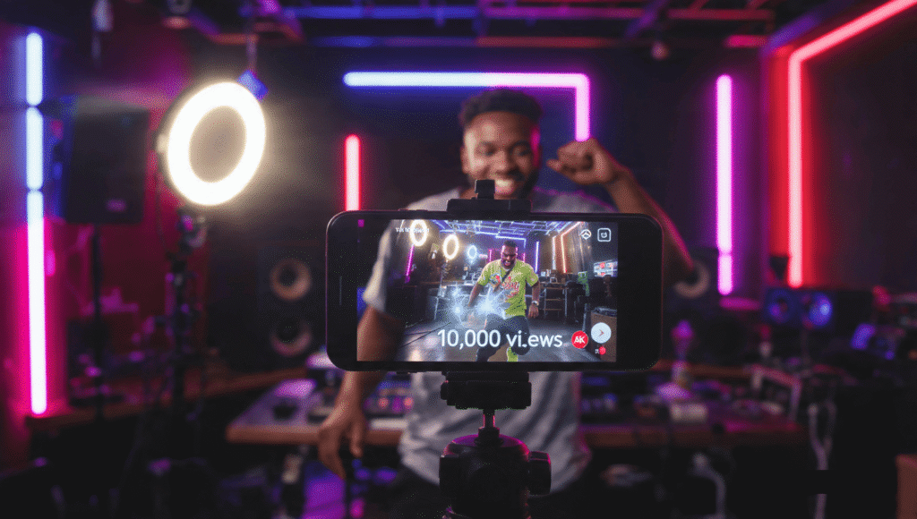 A Nigerian comedian filming a Reel in a vibrant Lagos street setting