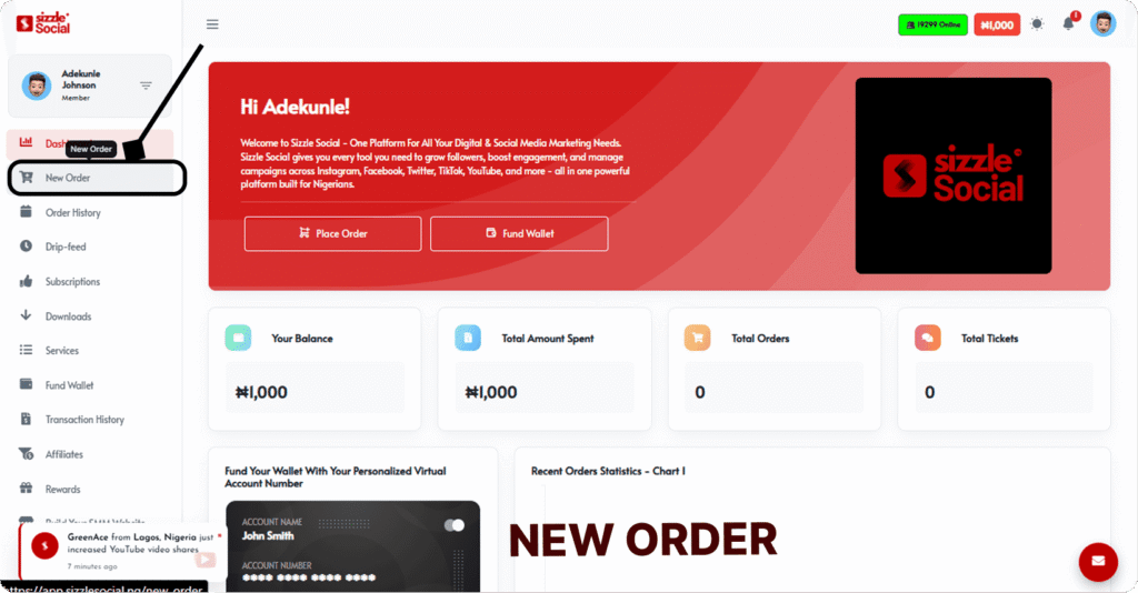 A screenshot of the Sizzle Social user dashboard with a large black arrow pointing to the "New Order" sidebar menu option