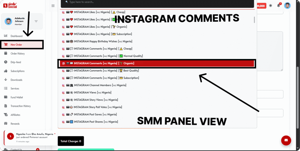 A screenshot of an SMM panel dropdown menu showing various Instagram services with a red highlight on "Instagram Comments [NG Nigeria] [Organic]."