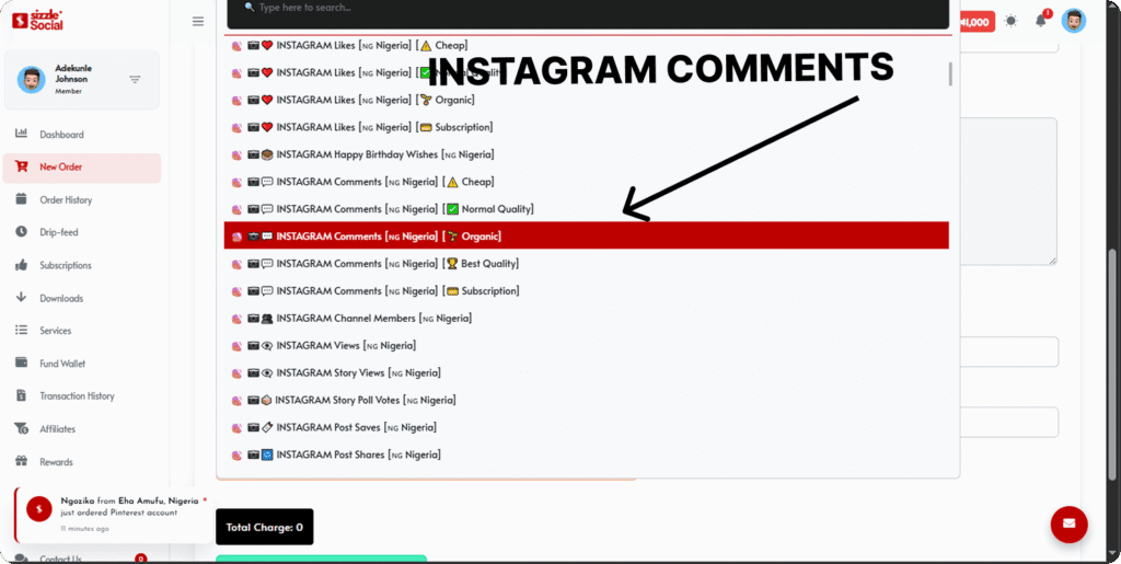 A clean view of the Sizzle Social service menu with an arrow pointing toward the organic Instagram comments option for Nigerian accounts.