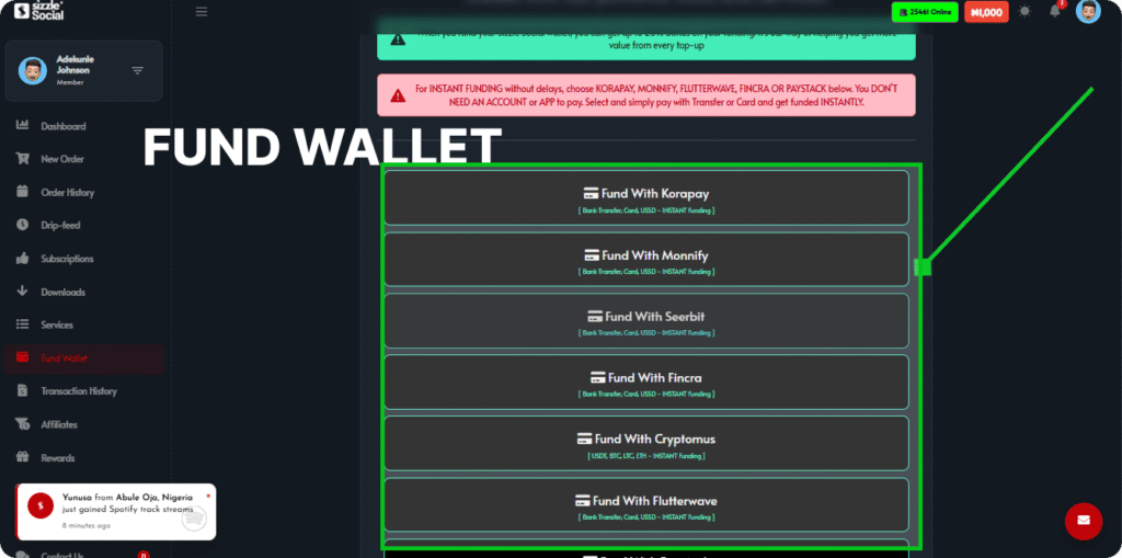 Sizzle Social fund wallet page showing Korapay, Monnify, Fincra, Cryptomus, and Flutterwave instant bank transfer payment options