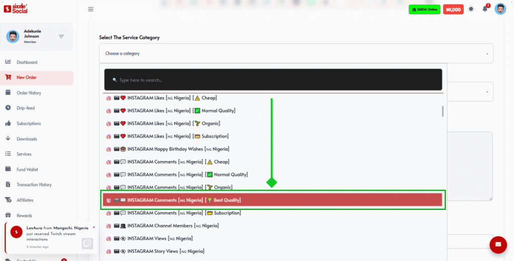 Sizzle Social new order dropdown showing Instagram comment categories including cheap, normal, organic, and best quality Nigerian options