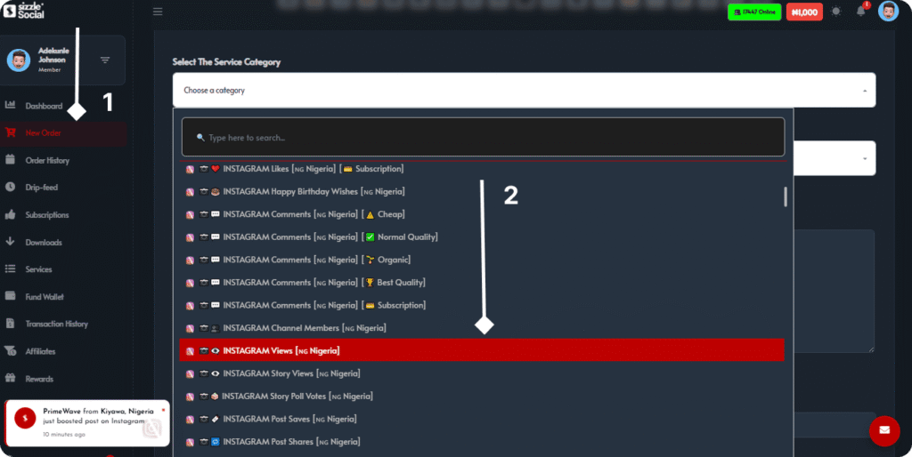 Social new order category dropdown highlighting Instagram Views Nigeria service among comments, followers, and likes SMM options
