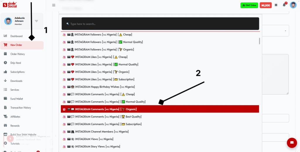 Sizzle Social order page dropdown highlighting Instagram Comments Organic Nigeria option alongside followers, likes, and other comment quality tiers