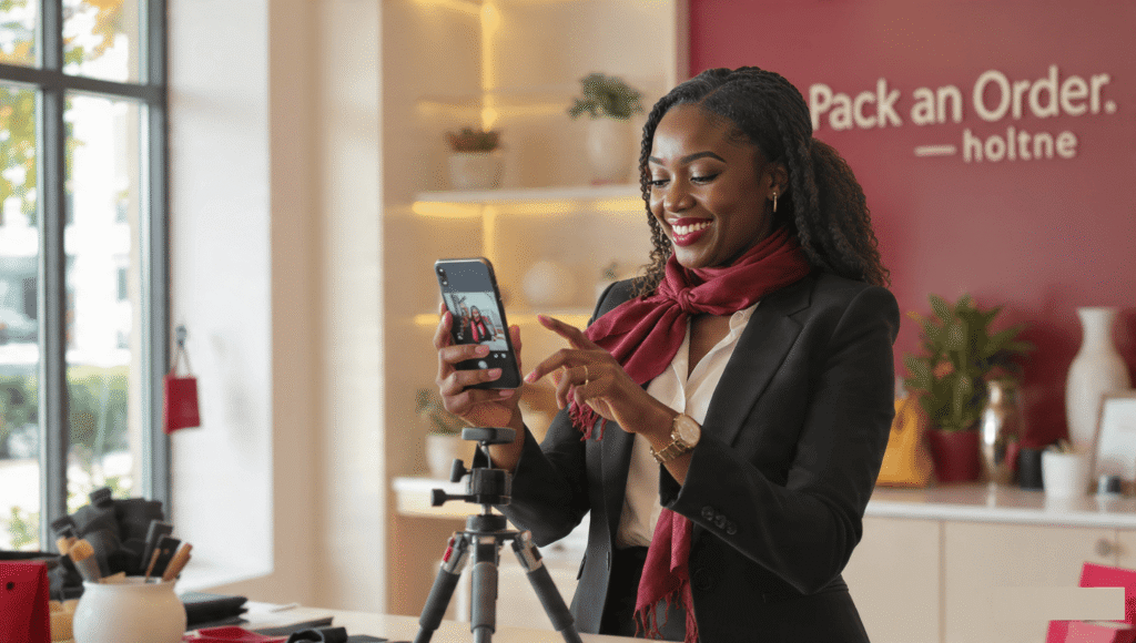 A Nigerian small business owner in a modern shop packing an order while a smartphone on a tripod records a "Behind the Scenes" Reel.