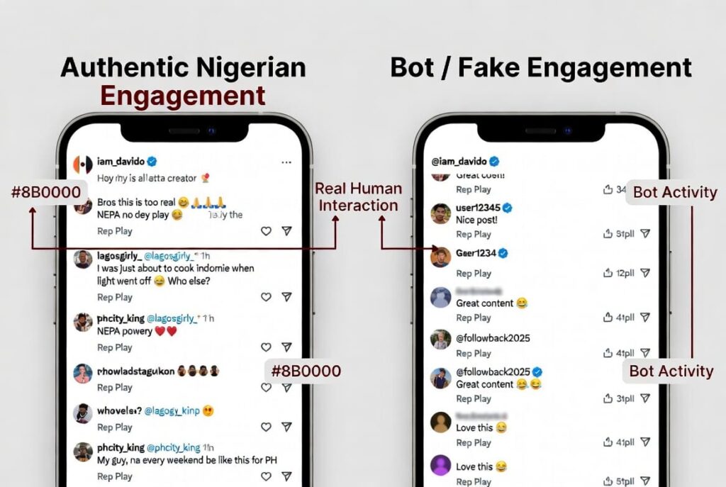 Fake vs real Instagram comment comparison on Nigerian account