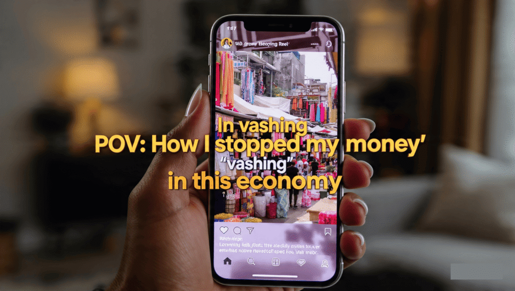 Close-up of a smartphone screen showing a bold Pidgin hook on a trending Nigerian Reel.