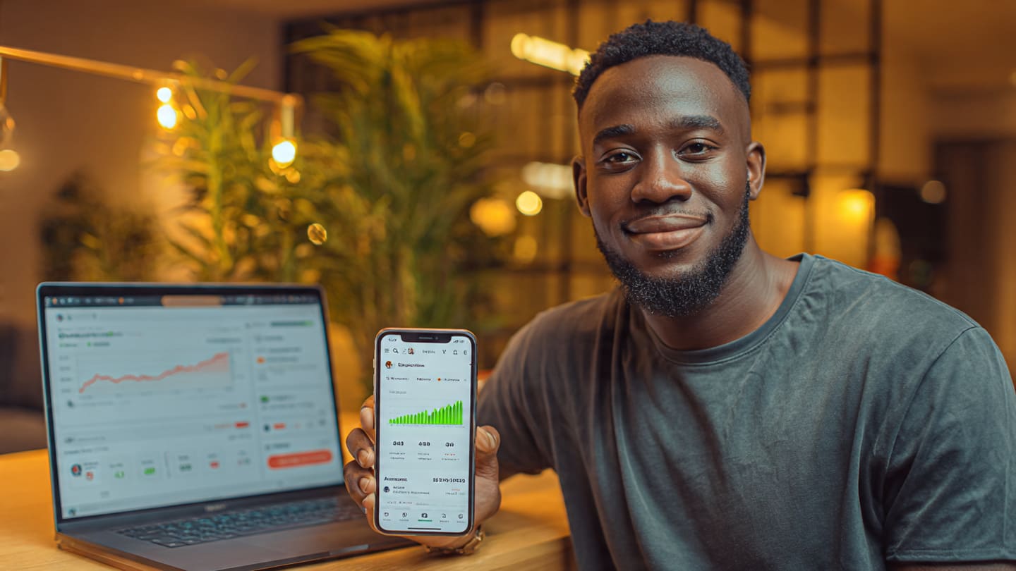 A successful Nigerian entrepreneur viewing a smartphone with an upward trend to increase Instagram profile visits.