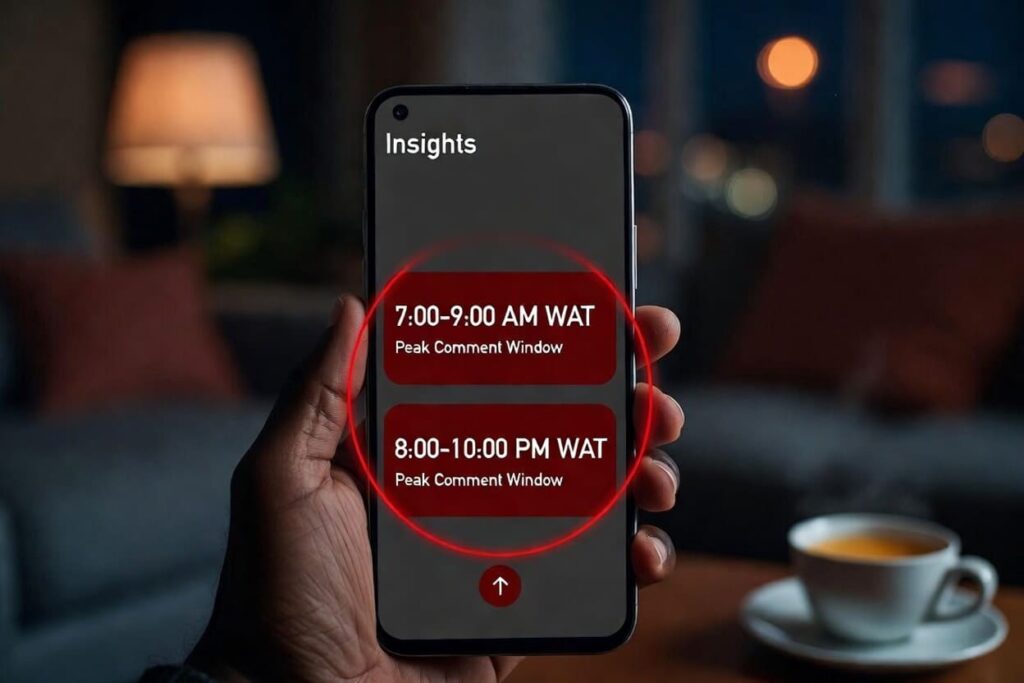 A hand holding a smartphone showing peak engagement times: 7:00β9:00 AM WAT and 8:00β10:00 PM WAT.