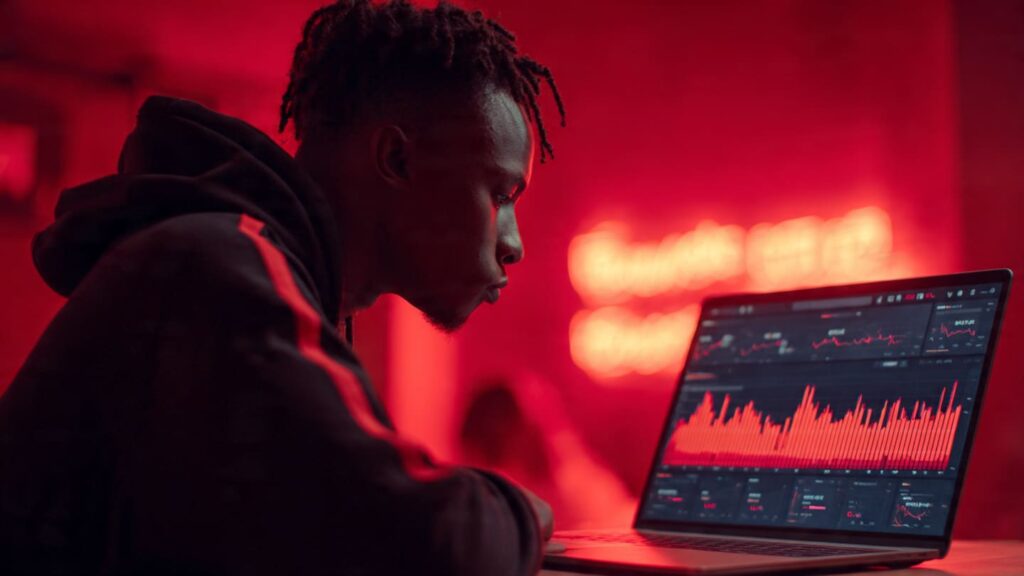 High-tech digital interface showing Nigerian social media strategy blueprint data with deep red glowing graph lines on a laptop screen.