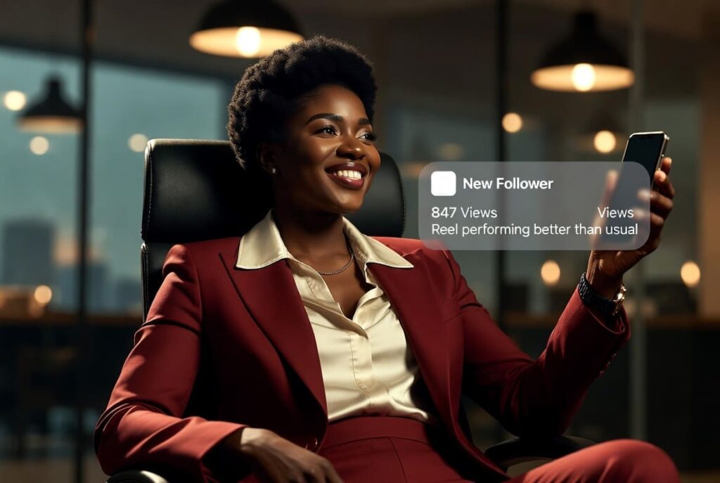 Nigerian entrepreneur smiling as her Instagram impressions grow rapidly while using a digital growth service.