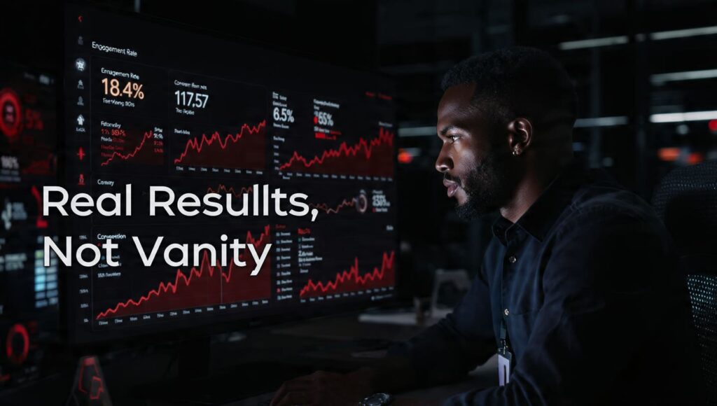 A digital marketer analyzing a dark dashboard with glowing red data charts and the text "Real Results, Not Vanity."