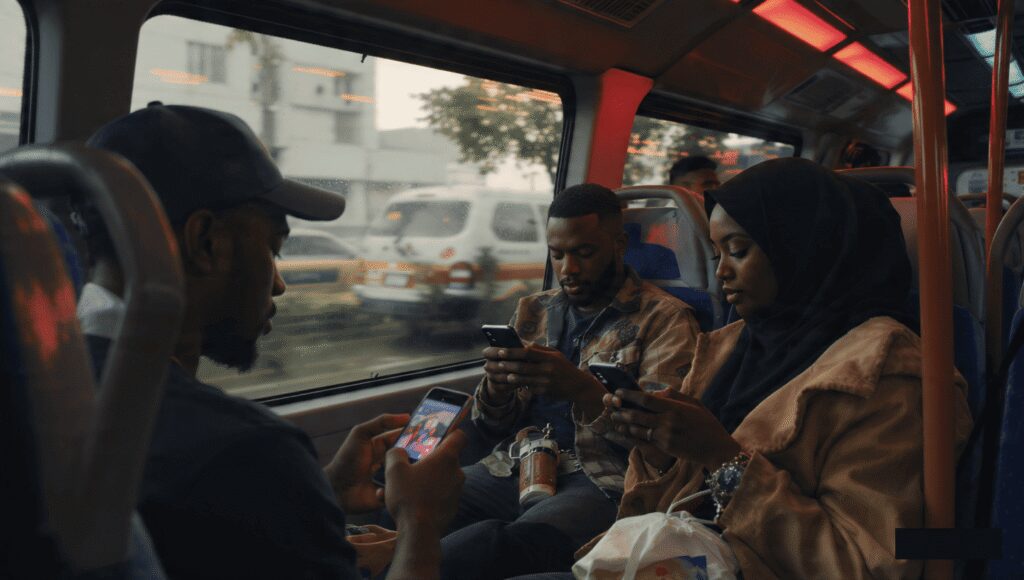 A group of Nigerian professionals on a BRT bus in Lagos looking at their phones during the morning rush hour with soft red morning sunlight.