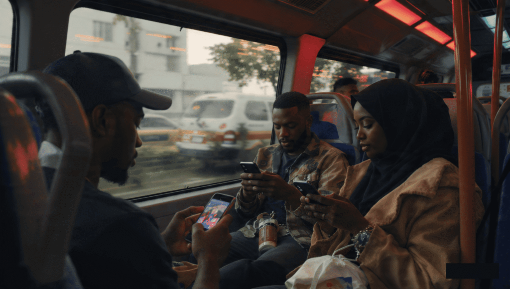 A group of Nigerian professionals on a BRT bus in Lagos looking at their phones during the morning rush hour with soft red morning sunlight.